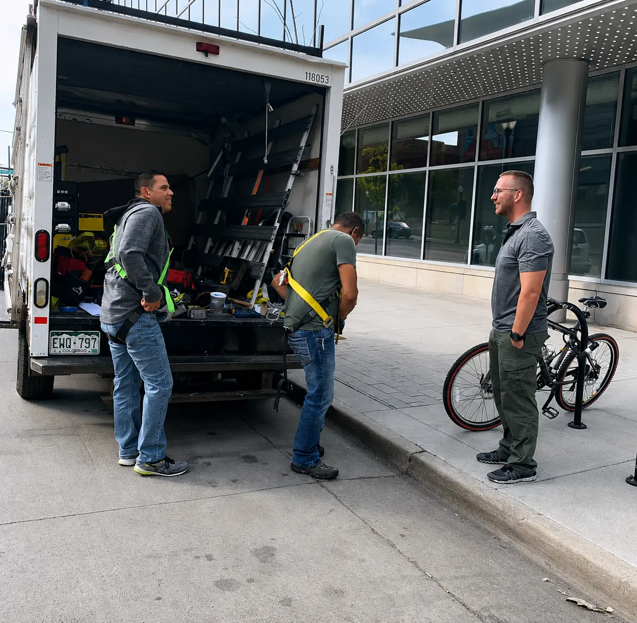 Mile High Glass crew preparing equipment beside a work truck in Denver