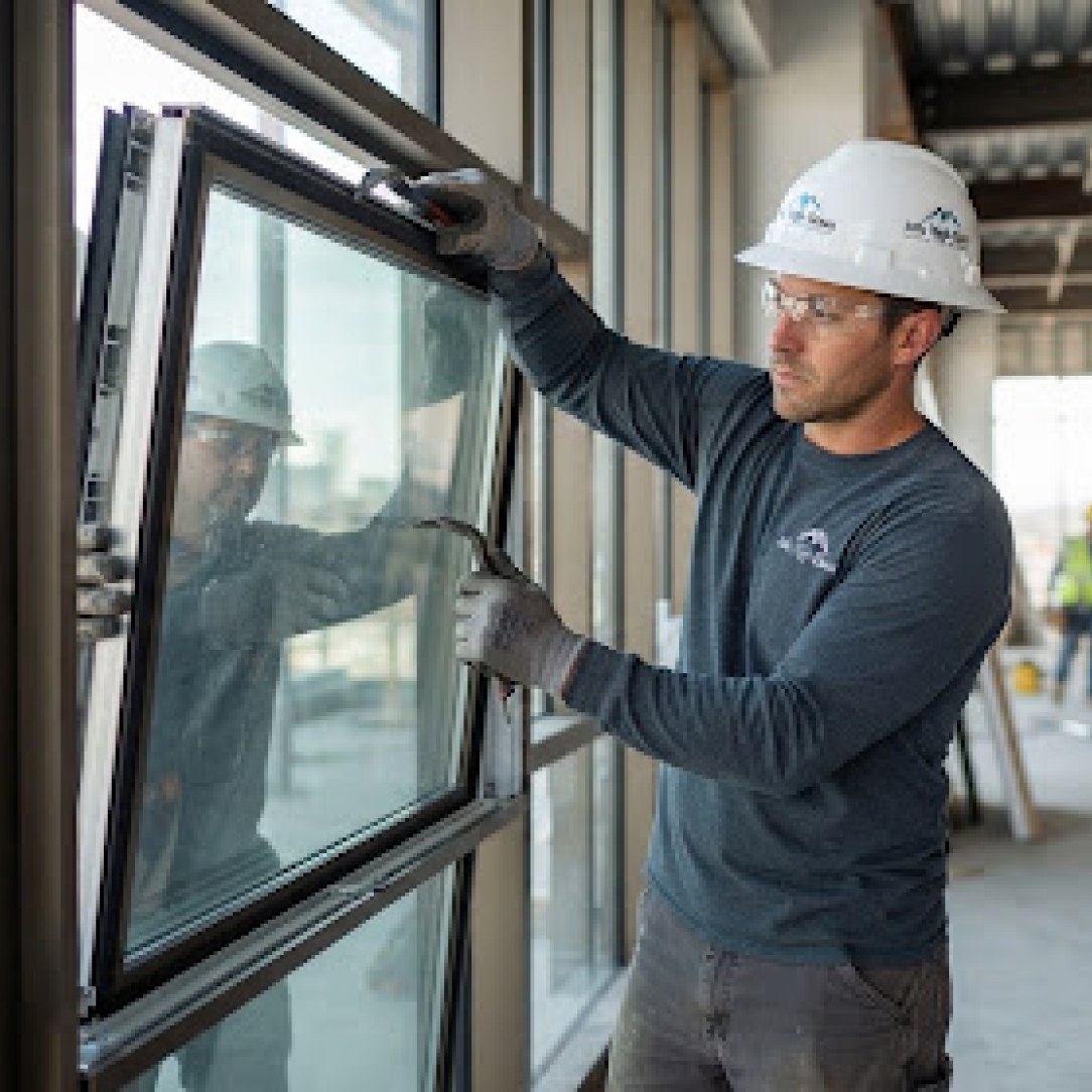 Commercial glazier installing window hardware