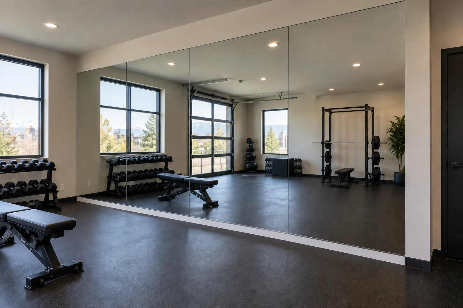 Illustration of a multi-panel mirror wall in a fitness studio