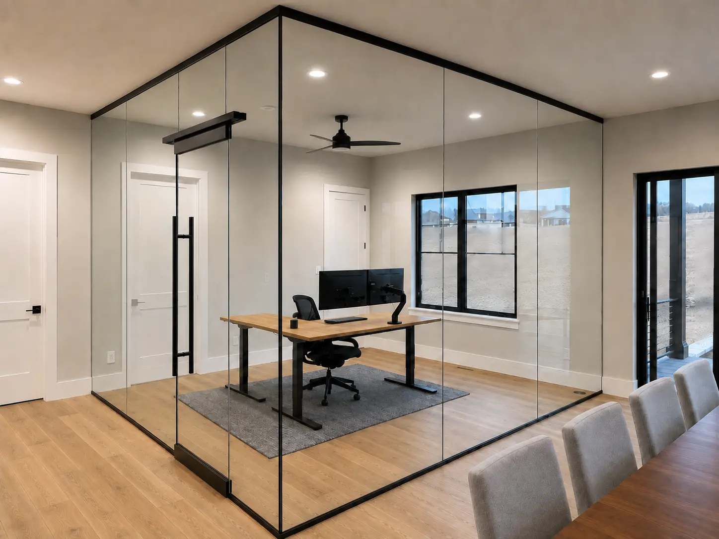 Glass-walled office installed inside a bright modern interior