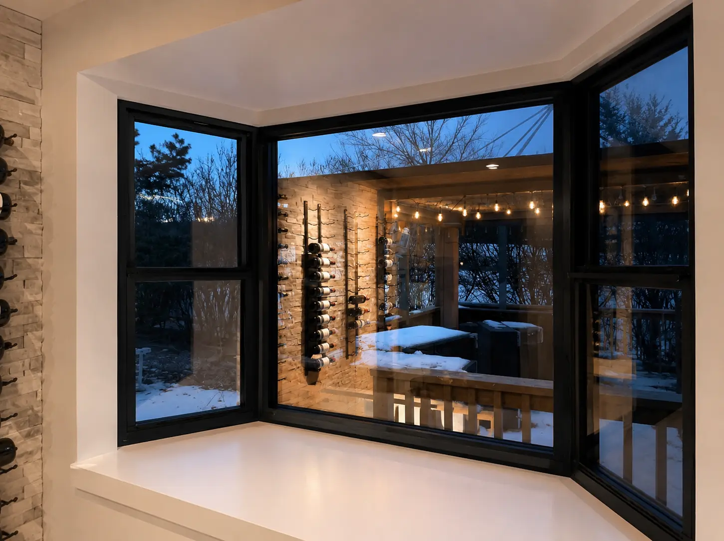 Black-framed bay window overlooking a snowy deck at dusk