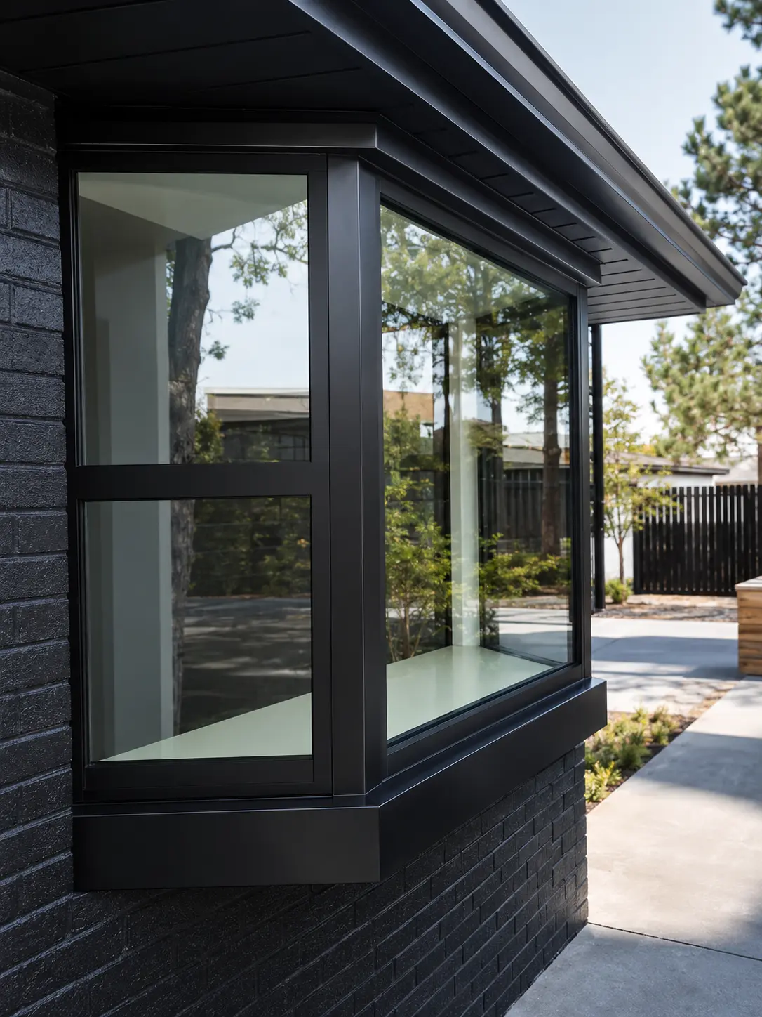 Black-framed residential bay window viewed from outside