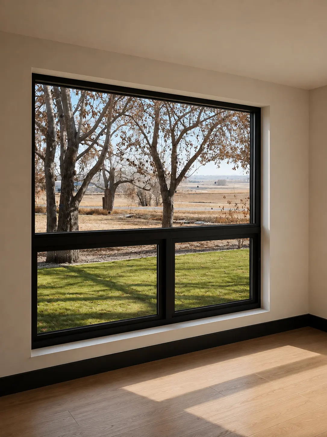 Large black-framed picture window overlooking a rural landscape