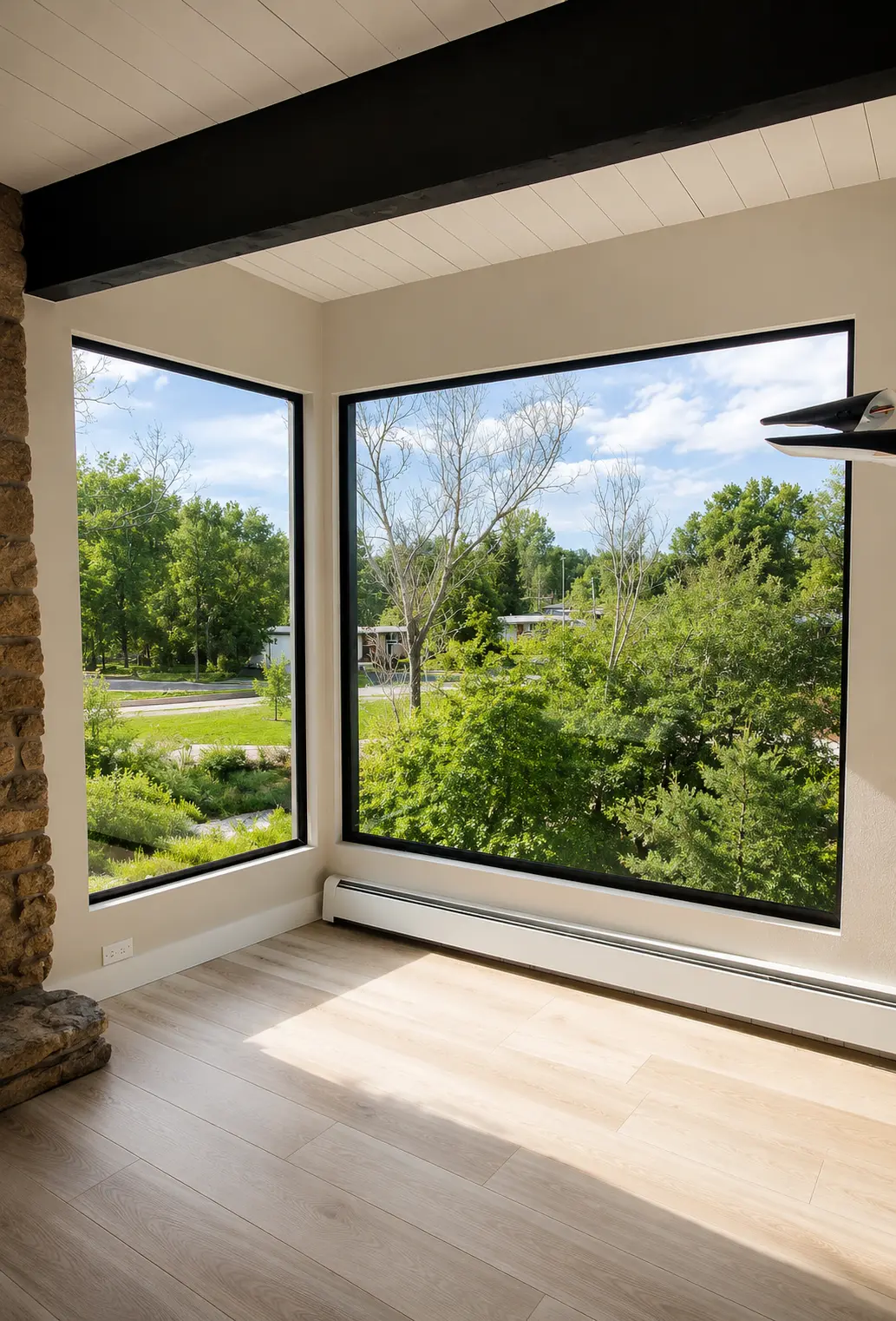 Bright residential room with large black-framed picture windows