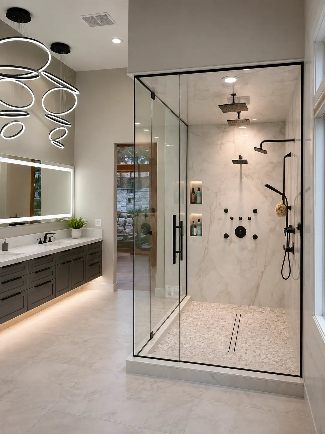 Floor-to-ceiling frameless glass shower enclosure in a modern bathroom